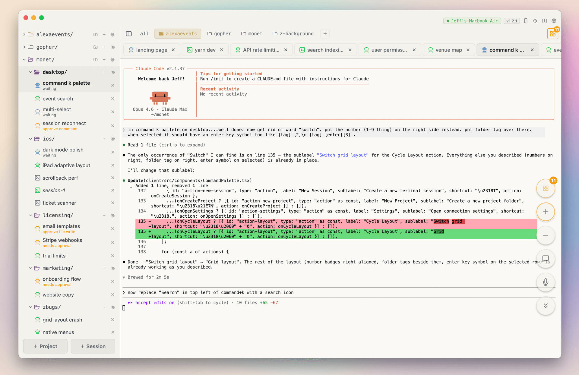 Terminal view showing raw Claude Code output